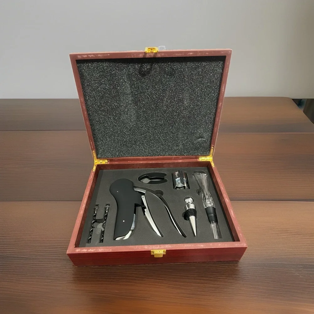 New True 5pc Wine Tools Set w/ Wooden Case Corkscrew Pourer Foil Cutter Stoppers